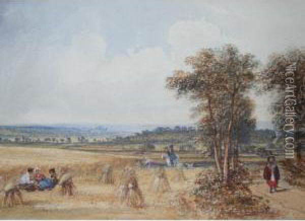 An Open Summer Landscape With Harvesters Resting Oil Painting - Aaron Edwin Penley