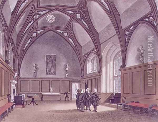 Lambeth Palace, interior view of the Guardroom, aquatinted by Joseph Constantine Stadler fl.1780-1812 Oil Painting - T. Rowlandson & A.C. Pugin