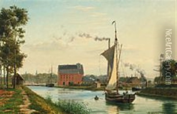 Canal Scape With Sailing Ships Oil Painting - Mathias Jakob Frederik Luetken