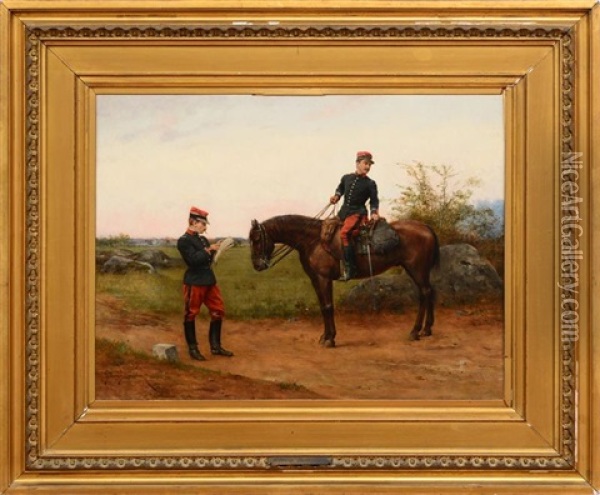 Two Officers On A Country Road Oil Painting - Etienne Prosper Berne-Bellecour