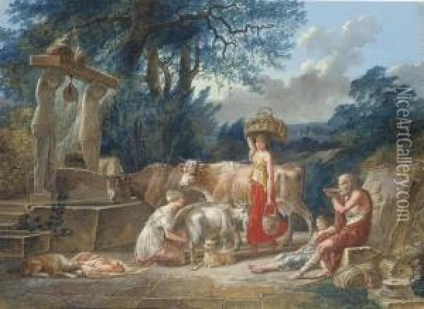 A Peasant Family And Their Animals By A Well In A Classical Landscape Oil Painting - Jean-Baptiste Mallet