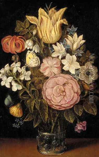 A rose, a tulip, an iris and other flowers in a glass vase, with a butterfly Oil Painting - Ambrosius the Elder Bosschaert