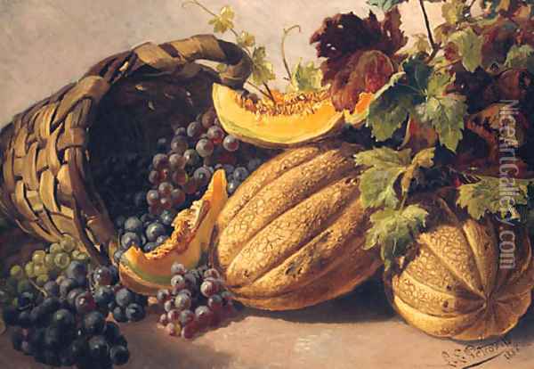 Melons And Grapes With A Basket Oil Painting - Landislaus Eugen Petrovits