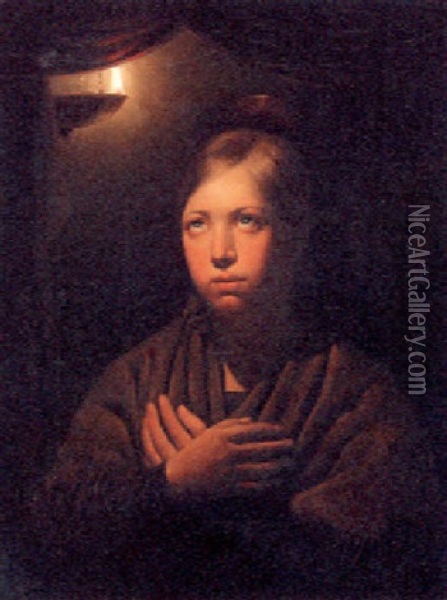 A Girl Praying By Candlelight Oil Painting - Petrus van Schendel
