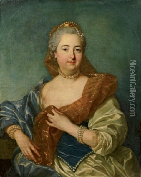 Portrait D'une Femme De Qualite Une Aigrette De Perles Dans La Chevelure Oil Painting - Louis Michel van Loo