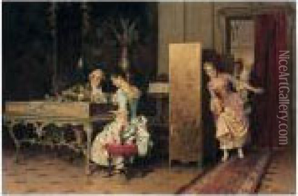 Signorina E Cavaliere (young Lady And Cavalier) Oil Painting - Adriano Cecchi