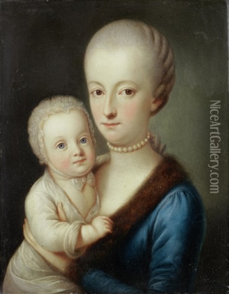 Portrait Of A Gentleman, Half-length, Wearing The Order Of The Golden Fleece; And Portrait Of A Lady, Half-length, In A Blue Dress And Fur Mantle, Holding Her Child (pair) Oil Painting - Carl Josef Alois Agricola