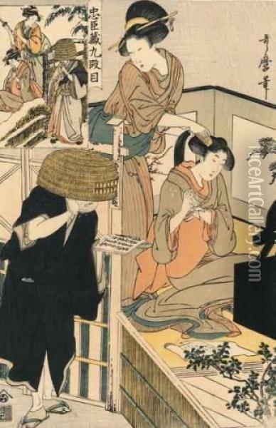 Jeune Femme Peignant Les Cheveux D'une Autre Regardant Un Ronin Lisant Un Livre. Oil Painting - Kitagawa Utamaro
