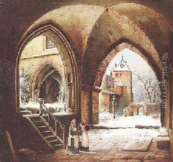 Blick In Den Kreuzgang Eines Klosters Mit Zwei Monchen Oil Painting - Wilhelm Steuerwald