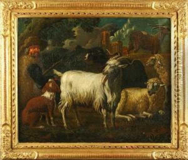 Hirte Mit Hutehund, Schafen Und Ziegen Vor Ruine Oil Painting - Jakob Roos