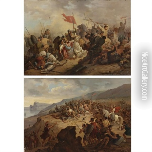 Two Scenes Of Battle (pair) Oil Painting - Henri Felix Emmanuel Philippoteaux
