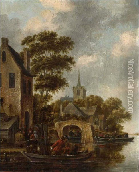 A Village On The Riverside With Merchants Unloading Their Ware Oil Painting - Thomas Heeremans