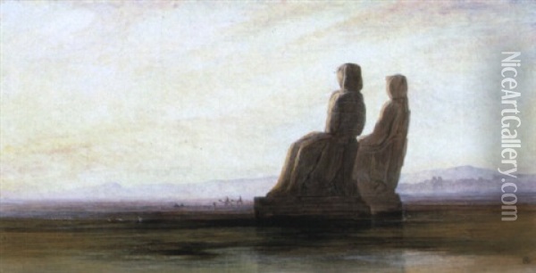 The Plain Of Thebes With The Two Collosi Of Memnon Oil Painting - Edward Lear