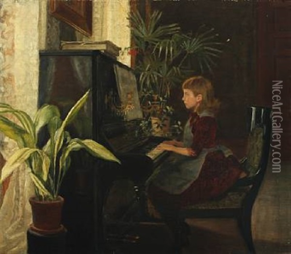 Interior With A Girl Playing The Piano Oil Painting - Malthe Odin Engelstedt