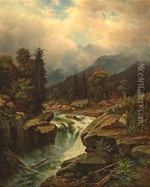Wasserfall In Wolkenverhangener Hochgebirgslandschaft Oil Painting - Johann Wilhelm Lindlar