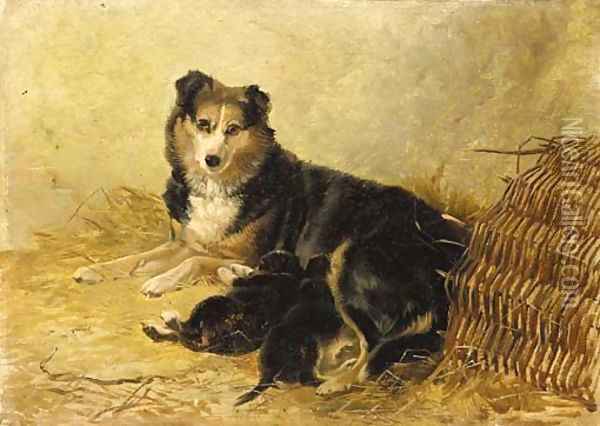A collie and puppies Oil Painting - Richard Ansdell