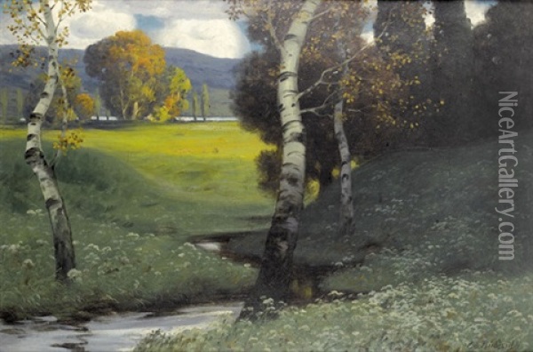 Herbstlandschaft Mit Birken An Einem Bach Oil Painting - Eduard Ruedisuehli