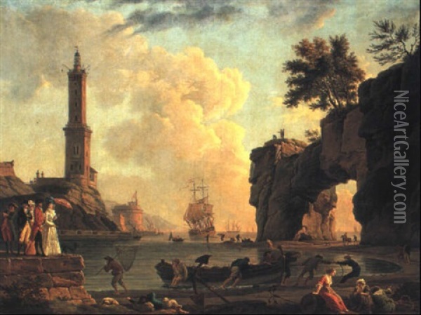 Port Mediterraneen Avec Des Pecheurs Tirant Une Barque Sur Le Rivage Oil Painting - Jean Henry d' Arles
