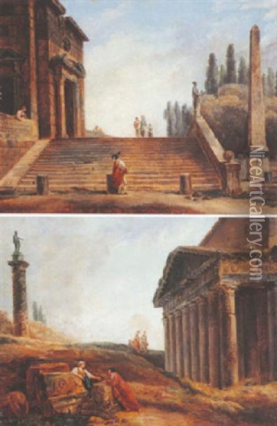 Gentilhomme Devant L'escalier D'un Monument Antique Oil Painting - Hubert Robert