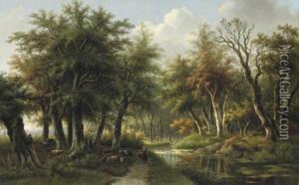 Figures On A Forest-path Along A Stream Oil Painting - Willem De Klerk
