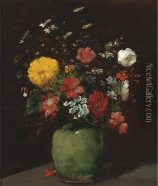 Spring Flowers In A Green Vase Oil Painting - Antoine Vollon