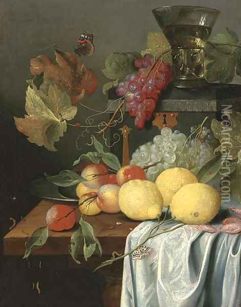 Lemons, peaches, prawns and grapes with a Magpie butterfly Oil Painting - Jan Davidsz. De Heem