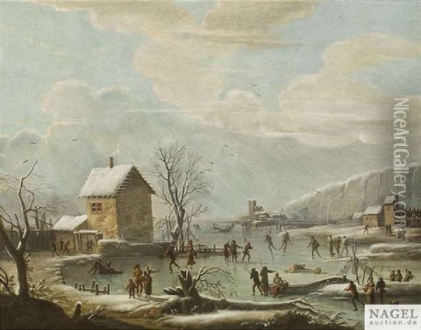 Winterliches Eisvergnugen Auf Einem Zugefrorenen See Oil Painting - Daniel van Heil