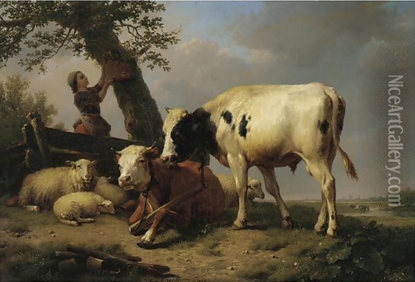 Shepherd Girl With Cattle And Sheep At Rest Oil Painting - Eugene Verboeckhoven