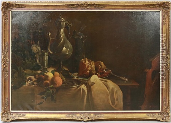 Grosformatiges Stillleben Mit Fruchten Und Tafelgerat, Auf Einer Tischkante Arrangiert Oil Painting - Julius Jacob the Younger