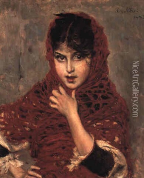 Young Girl With A Red Shawl Oil Painting - Giovanni Boldini