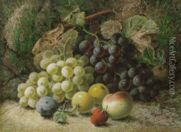 Grapes, Apples, A Plum, A Peach And A Stawberry On A Mossy Bank Oil Painting - Oliver Clare