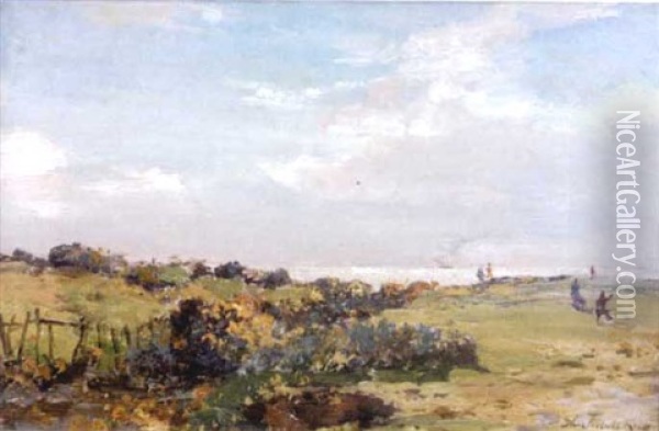 Figures On A Links Course (kilchattan Bay, Bute?) Oil Painting - Archibald Kay