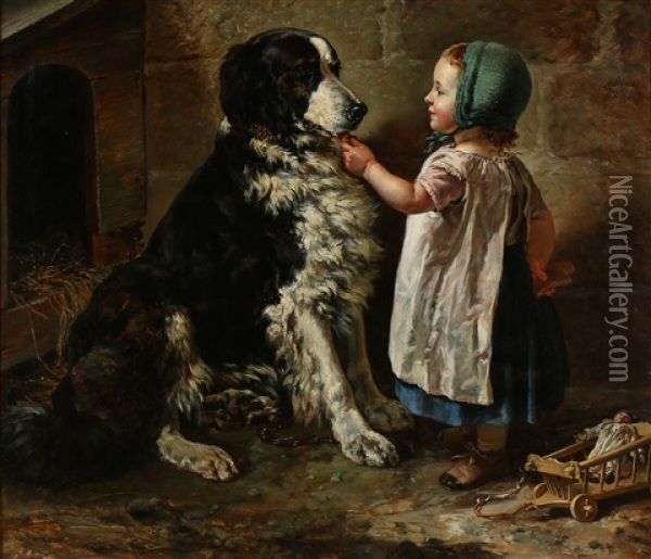 A Little Girl Feeding A Border Collie Oil Painting - Siegwald Johannes Dahl