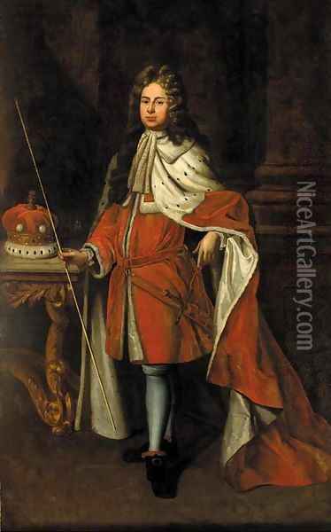 Portrait of George Granville, later Lord Lansdown, full-length, in peer's robes, beside a column, holding a rod in his right hand Oil Painting - Sir Godfrey Kneller
