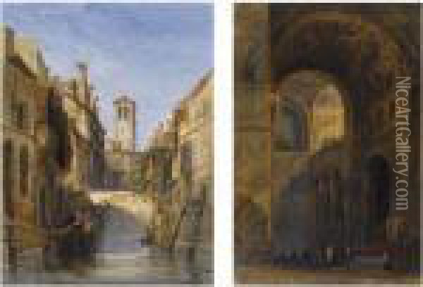 A Canal, Venice; The Interior Of Saint Mark's Basilica, Venice Oil Painting - George Arthur Fripp