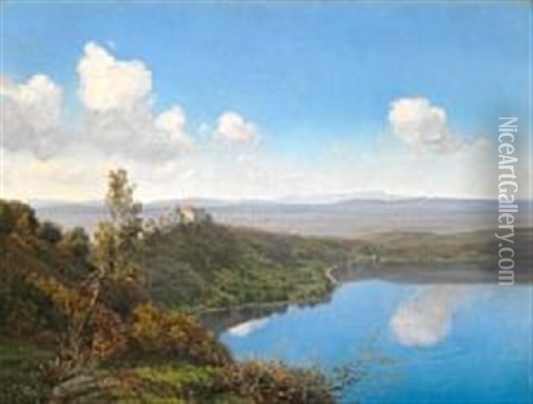 View Of The Lake Albano With The Papal Palace Of Castel Gandolfo Oil Painting - Janus la Cour
