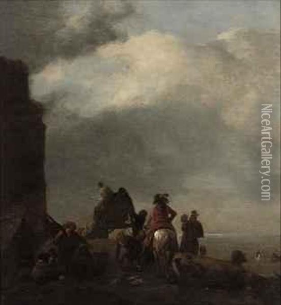 A Coastal Landscape With A Gentleman On Horseback And Peasants On The Shore Oil Painting - Pieter Wouwermans or Wouwerman