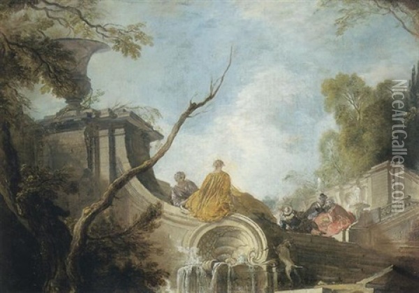 Paysage D'escalier Avec Cinq Personnages Pres D'une Fontaine Oil Painting - Jacques de Lajoue
