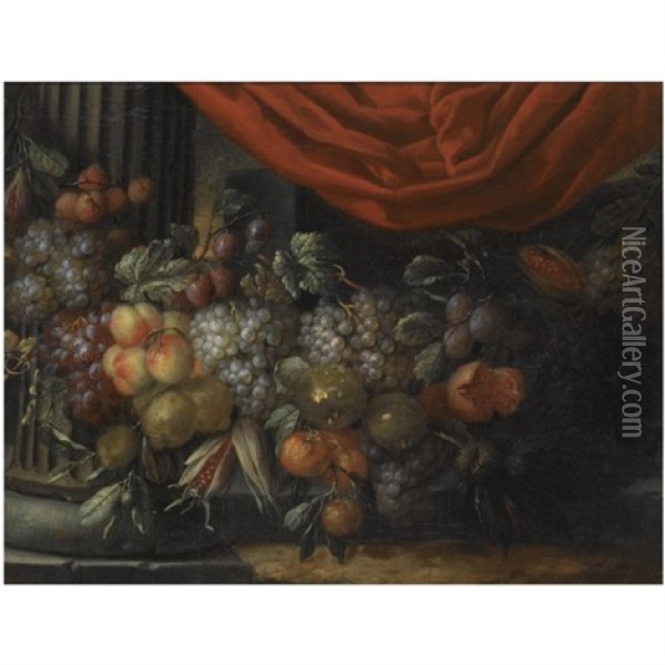 A Garland Of Blue And White Grapes, Peaches, Oranges, Lemons And Prunes, Figs, Corn And Chestnuts, In A Landscape Near A Classical Column Oil Painting - Jan Pauwel Gillemans the Younger