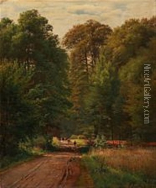 A Shepherd With Cows On A Road Through The Forest Oil Painting - Anders Andersen-Lundby