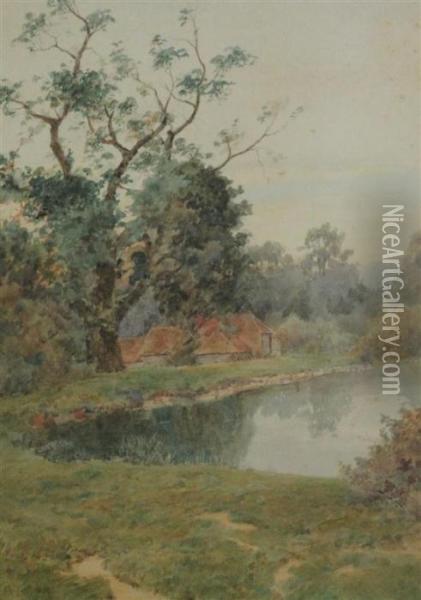 Lake And Farm Buildings Oil Painting - Thomas Nicholson Tyndale