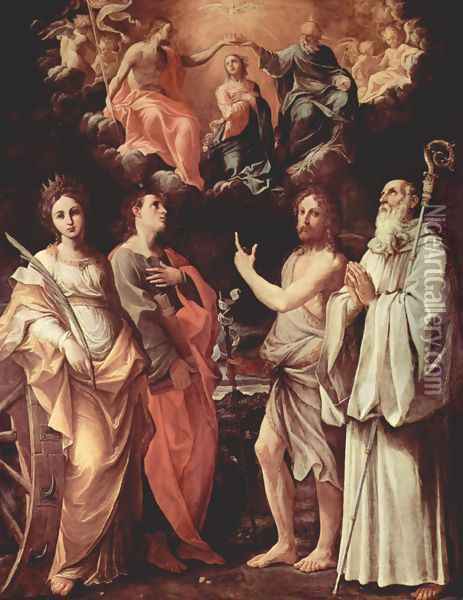 Marien's coronation with St. Catherine of Alexandria, St. John Evangelist, St. John the Baptist, St. Romuald of Cam Oil Painting - Guido Reni