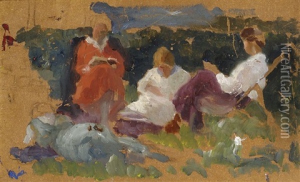 Three Ladies Drinking Tea In A Garden (+ Solitary Tree, Verso) Oil Painting - Solomon Garf