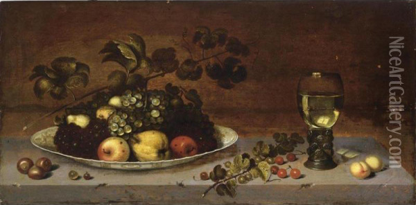 A Still Life With Grapes, Apples, A Quince And Pears On A Wan-li Porcelain Dish, Together With Medlars, Gooseberries, Cherries And Peaches, All On A Stone Ledge With A Roemer Oil Painting - Johannes Boumann