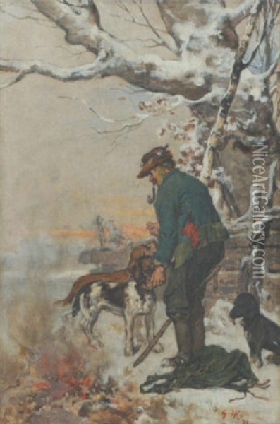Bauer Mit Drei Jagdhunden In Winterlandschaft Oil Painting - Hugo Kotschenreiter