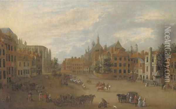 View of Old Palace Yard, Westminster, with the east end of Westminster Abbey with the chapel of King Henry VII to the left Oil Painting - English School