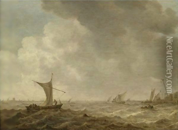 An Estuary Scene With Small Vessels In A Choppy Sea Oil Painting - Jan van Goyen