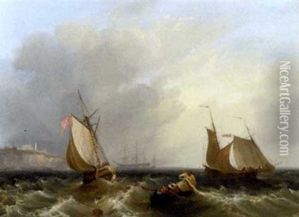 A Royal Naval Armed Cutter Heading Inshore Off The Mouth Of The Tyne Oil Painting - Frederick Calvert