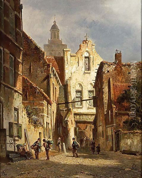 Villagers In The Streets Of A Sunlit Dutch Town Oil Painting - Adrianus Eversen