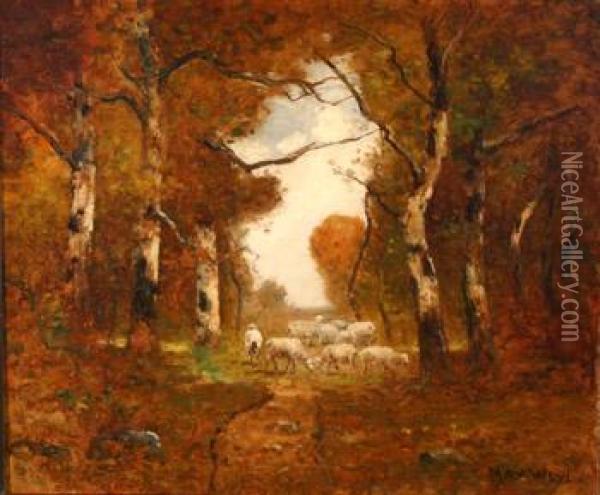 Sheep In A Wooded Landscape Oil Painting - Max Weyl